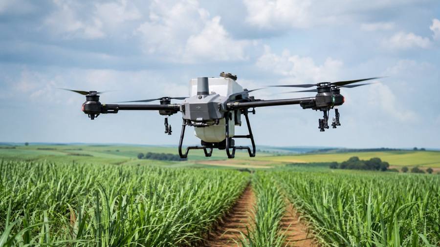Drone agrícola DJI Agras T25P pulverizando uma lavoura